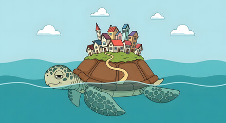 Whimsical cartoon turtle carrying tiny village island on its shell home journey migration community fantasy housing