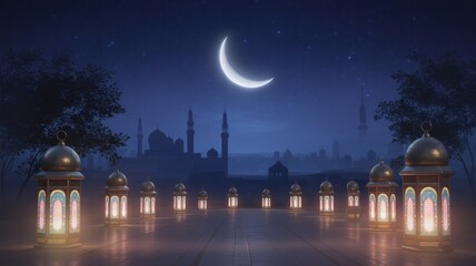 A Serene Night of Celebration: A breathtaking nightscape featuring an illuminated crescent moon casting a soft glow over a line of lanterns and silhouette of buildings.