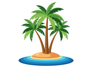 A vibrant illustration of a small tropical island with three lush palm trees swaying gently in the clear blue ocean.