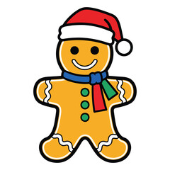 Smiling gingerbread man wearing Santa hat and scarf