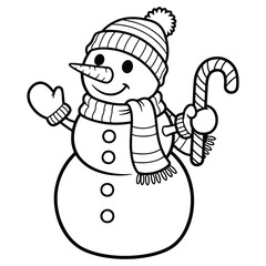 Smiling snowman in winter hat and scarf holding candy cane