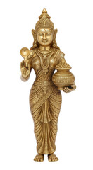 Golden brass statue of Goddess Annapurna holding a ladle and pot, representing nourishment, food, and abundance.