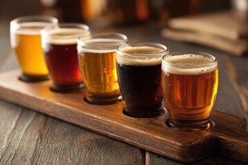 Craft brewery tasting flight showcasing five handcrafted beers on a rustic wooden tray in a warm and inviting setting