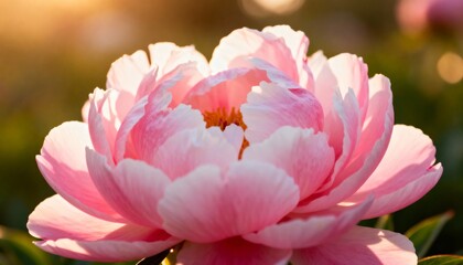Soft Pink Peony Flower in Golden Hour Light. Close-up Macro Shot Highlighting Delicate Petals and Romantic, Dreamy Backlighting.