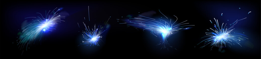 Fototapeta premium Abstract blue fire sparks set isolated on black background. Vector realistic illustration of firework sparkler effect, welding machine light flare and smoke, holiday celebration flash, explosion flame