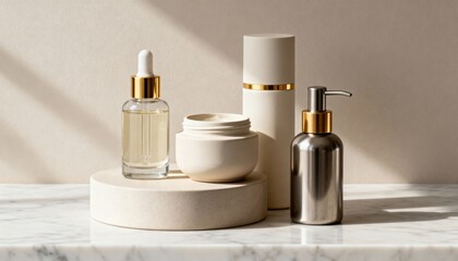 Elegant minimalist skincare packaging display on white marble. Clean beauty aesthetic with natural light and shadow creating a sophisticated, luxurious mood.
