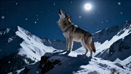 Majestic Gray Wolf Howling on a Snowy Mountain Peak under a Bright Full Moon. Dramatic Winter Wilderness Scene with Falling Snowflakes and Starry Night Sky.