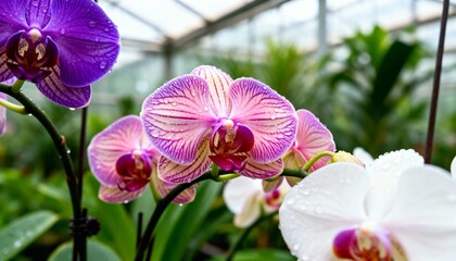 Vibrant striped pink orchid in focus, adorned with delicate water droplets in a lush greenhouse. A macro shot highlighting natural beauty and fresh tropical colors.