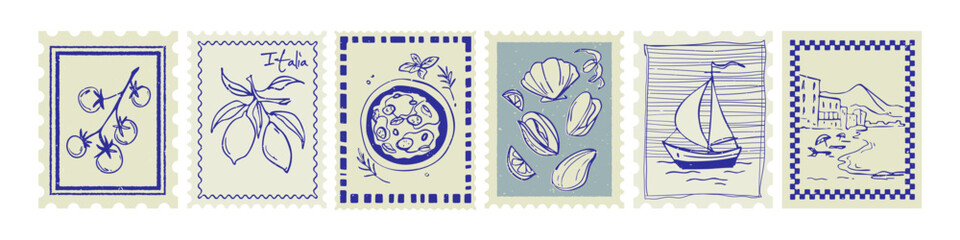 Amalfi summer stamp collection with vintage postcard borders in blue and beige. Italy frames with lemons and pizza, seashells, sailboat and coastal landscape. Retro postal Mediterranean travel design