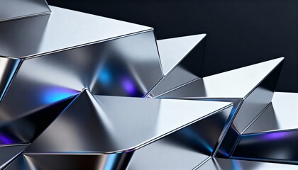 Sleek abstract background with sharp geometric facets. Reflective silver and chrome surfaces with iridescent blue light effects create a modern, high-tech, and futuristic aesthetic.