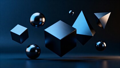 Minimalist 3D render of abstract geometric forms floating in dark space. Sophisticated composition with metallic spheres, cubes, and pyramids highlighted by vibrant blue and warm orange light.