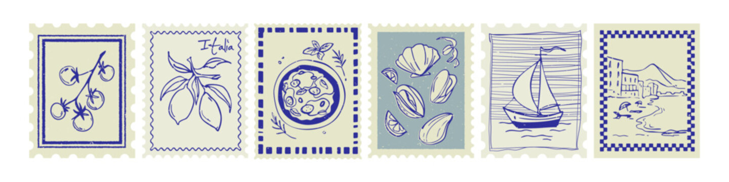 Amalfi summer stamp collection with vintage postcard borders in blue and beige. Italy frames with lemons and pizza, seashells, sailboat and coastal landscape. Retro postal Mediterranean travel design