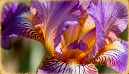 A vibrant macro close-up of an intricate purple iris flower petal, showcasing rich colors, delicate veins, and natural beauty against a blurred background.