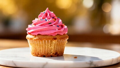 Vibrant single cupcake with sweet pink frosting and colorful sprinkles, elegantly presented on a white marble surface. Bright natural light creates a cheerful, celebratory mood.