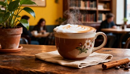 Warm, cozy latte art coffee in a decorative mug on a rustic wooden table. The shallow depth of field captures the relaxing cafe atmosphere with blurred people and bookshelves in the background.