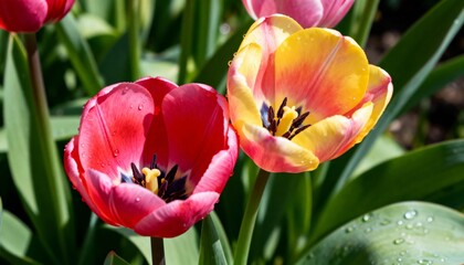 Bright macro close-up of vibrant red and yellow tulips adorned with water droplets, celebrating spring's arrival and the natural beauty of blooming garden flowers in sunlight.