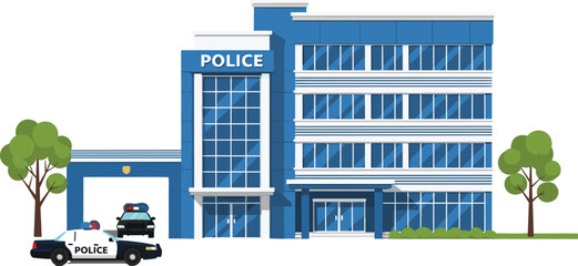 Modern Police Station Building Illustration with Patrol Cars Showing Law Enforcement Headquarters, Public Safety Services, and Urban Security Infrastructure Concept © yesrin