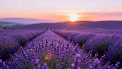 Tranquil Lavender Field at Golden Hour Sunset with Vibrant Purple Flowers and Soft Bokeh Effect