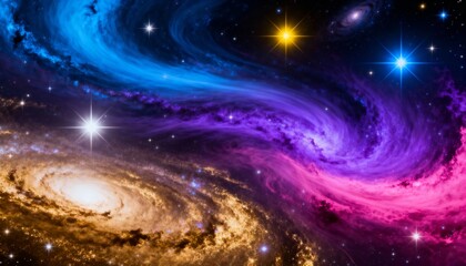 Vibrant Cosmic Nebula and Spiral Galaxy Background with Swirling Pink, Purple, and Blue Gas Clouds and Bright Stars. Abstract Digital Art for Sci-Fi or Space Exploration Themes.