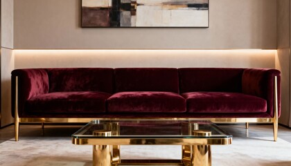 Opulent maroon velvet sofa and gold coffee table in a sophisticated living room interior. Modern high-end home decor concept with warm lighting and abstract art.