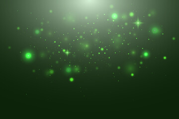 Bokeh, dust sparks and green stars glow with special light. Vector sparks on black background. Christmas light effect. Sparkling particles of magic dust.