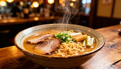 Steaming Hot Ramen Bowl Close-Up. Authentic Japanese Noodle Soup with Chashu Pork, Scallions, and Menma in a Cozy Restaurant Setting. Warm Lighting and Bokeh Background.