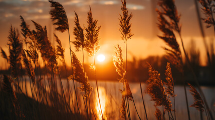 Golden sunset illuminates tall dry reeds swaying gently in the breeze over a calm lake reflecting the warm sky, creating a serene natural landscape