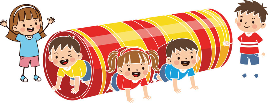 Happy Children Crawling Through Colorful Play Tunnel, Fun Indoor Playground Activity, Preschool Learning, Teamwork, and Joyful Childhood Illustration