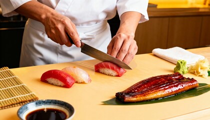 Professional sushi chef meticulously slicing fresh tuna for nigiri, demonstrating precision and traditional culinary art at a Japanese restaurant counter.