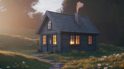 Cozy Cottage at Sunset: A quaint cottage nestled amidst lush greenery and bathed in the warm embrace of the setting sun, offering a scene of tranquility and idyllic living. 