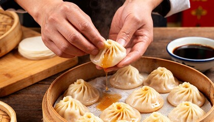 Authentic Asian Cuisine Close-Up: Chef Hands Picking Up a Delicate Xiao Long Bao Soup Dumpling from a Traditional Bamboo Steamer on a Rustic Wooden Table