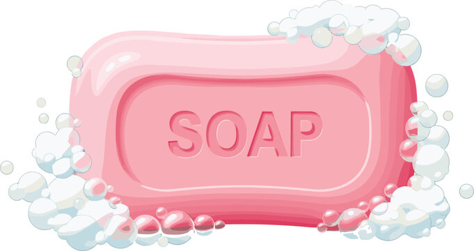 Pink soap bar with bubbles illustration isolated on white background hygiene cleanliness skincare washing flat vector design