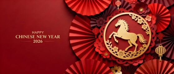 Chinese New Year 2026 Paper Cut Horse Red Background with Gold Ornament