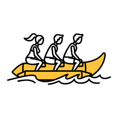 Three people enjoying a thrilling ride on a yellow banana boat in the ocean.