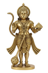 Golden brass statue of Lord Hanuman holding a mace (gada) and Sanjeevani mountain, representing strength and devotion.