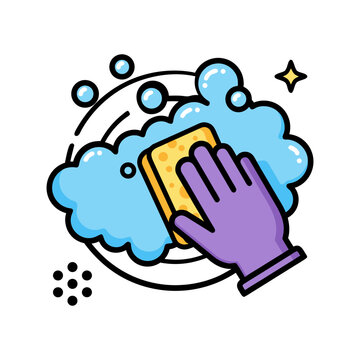 A gloved hand scrubs a plate with a yellow sponge in soapy blue bubbles, symbolizing dishwashing and cleaning.
