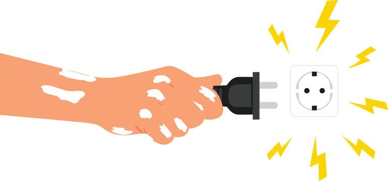 Electrical shock hazard illustration showing wet hand holding power plug near wall socket highlighting home safety and electrocution risk concept