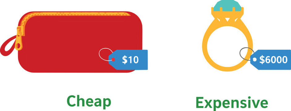 Cheap versus expensive price comparison illustration showing low cost wallet and luxury diamond ring with price tags for consumer choice concept