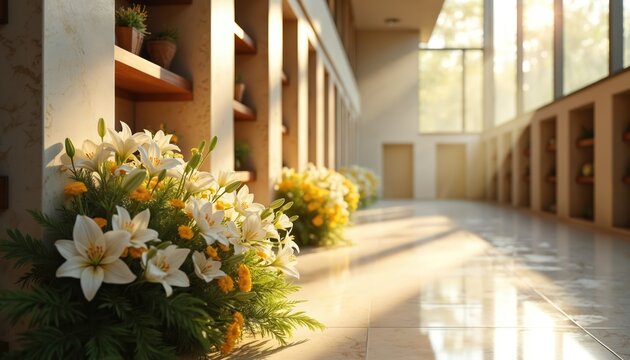 Columbarium hallway with niches, floral arrangements in warm sunlight. Peaceful interior with flower tributes, soft light creating solemn, tranquil atmosphere for remembrance. Empty space for text