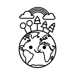 Fototapeta premium A cute cartoon Earth with a happy face, trees, clouds, and a rainbow on top, representing environmental care.