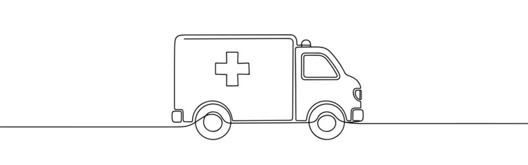 Continuous one line drawing of an ambulance. Vector illustration of medical emergency van isolated on white background. Minimalist healthcare concept © drawing lines
