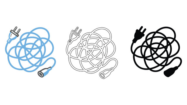 Three versions of tangled extension cord illustration on white background