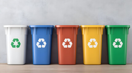 Recycling Bins for a Sustainable Future: A row of colorful recycling bins, each designated for a specific material, standing in a neutral interior.