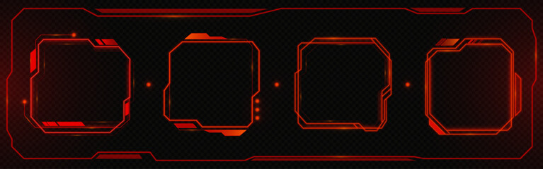 Digital game interface set with tech HUD elements and futuristic frames. Cyberpunk UI design of red neon borders, holographic panels, cyber screens and glowing box shapes for sci fi projects.