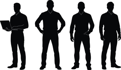 Business Men Silhouettes Standing in Confident Professional Poses Including Laptop Use Isolated on White Background for Corporate Leadership and Career Concept Illustration