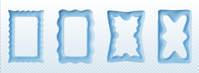 Blue Y2K wavy border frame with scallop edge and squiggly shape. 3D vector design with corrugated curves, zigzag patterns and organic wiggle elements for trendy graphic projects and retro collages.