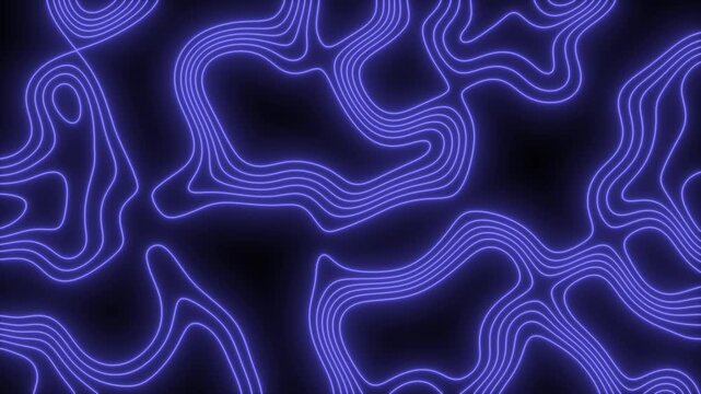 Neon glowing topographic contour lines flowing on dark surface. Abstract terrain map pattern with curves forming organic motion. Futuristic energy background inspired by geography and technology