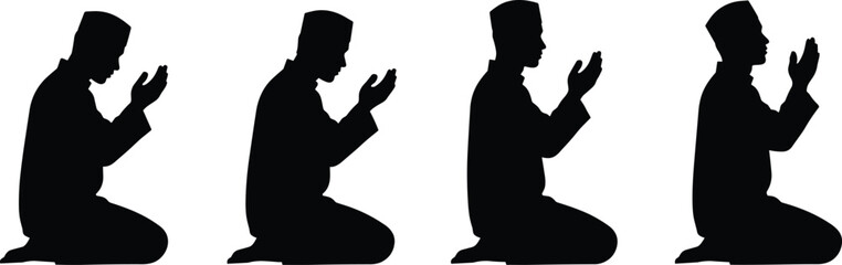 Muslim man praying silhouette set showing kneeling worship poses, Islamic faith devotion concept isolated on white background