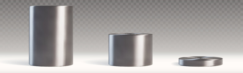 Round metal podiums of different height isolated on transparent background. Vector realistic illustration of 3d silver pedestals for product presentation, award ceremony stands, glossy steel stage