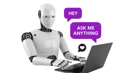 A futuristic robot with a laptop and speech bubbles inviting questions on a white background